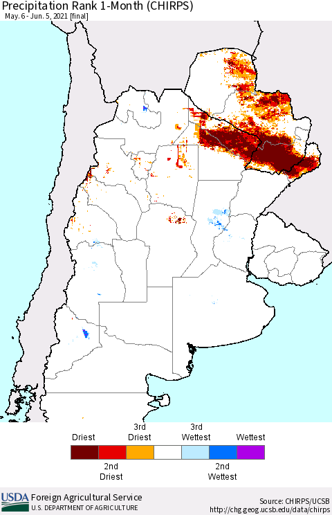 Southern South America Precipitation Rank 1-Month (CHIRPS) Thematic Map For 5/6/2021 - 6/5/2021