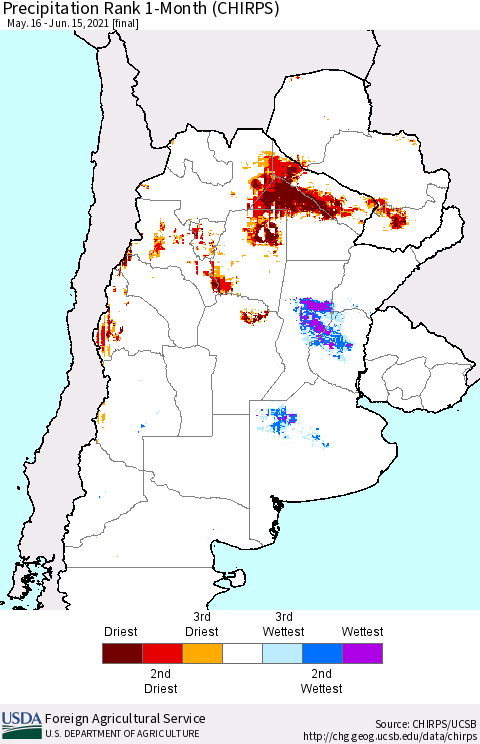 Southern South America Precipitation Rank 1-Month (CHIRPS) Thematic Map For 5/16/2021 - 6/15/2021