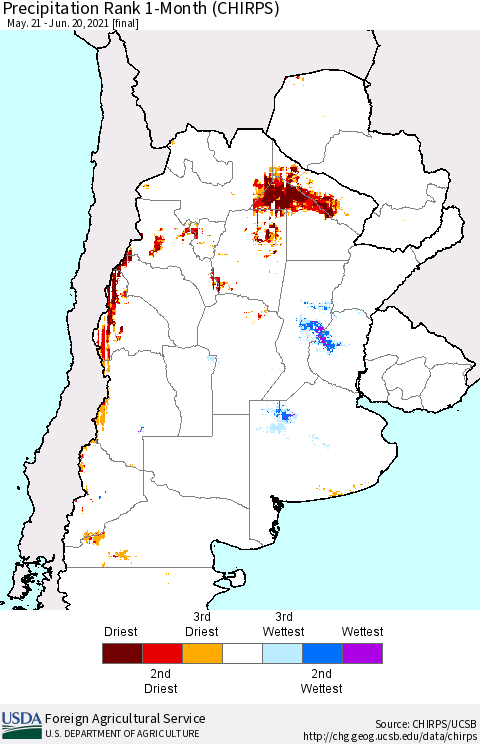 Southern South America Precipitation Rank 1-Month (CHIRPS) Thematic Map For 5/21/2021 - 6/20/2021