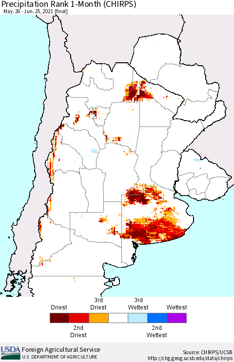 Southern South America Precipitation Rank 1-Month (CHIRPS) Thematic Map For 5/26/2021 - 6/25/2021