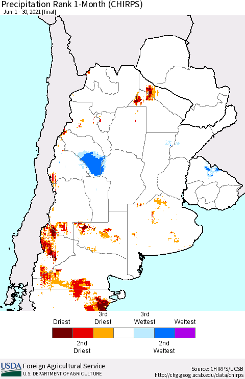 Southern South America Precipitation Rank 1-Month (CHIRPS) Thematic Map For 6/1/2021 - 6/30/2021