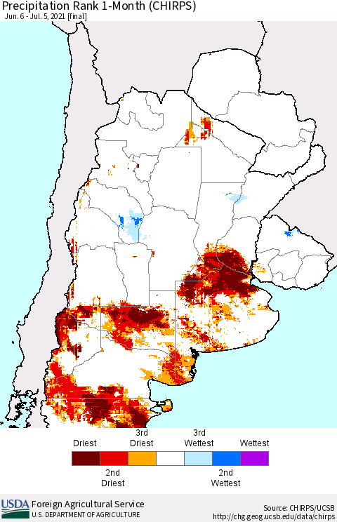 Southern South America Precipitation Rank 1-Month (CHIRPS) Thematic Map For 6/6/2021 - 7/5/2021
