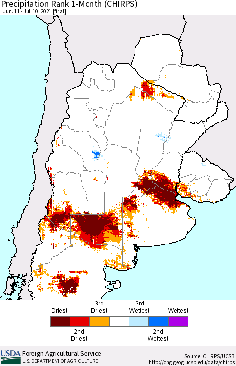 Southern South America Precipitation Rank 1-Month (CHIRPS) Thematic Map For 6/11/2021 - 7/10/2021