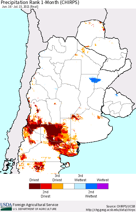 Southern South America Precipitation Rank 1-Month (CHIRPS) Thematic Map For 6/16/2021 - 7/15/2021