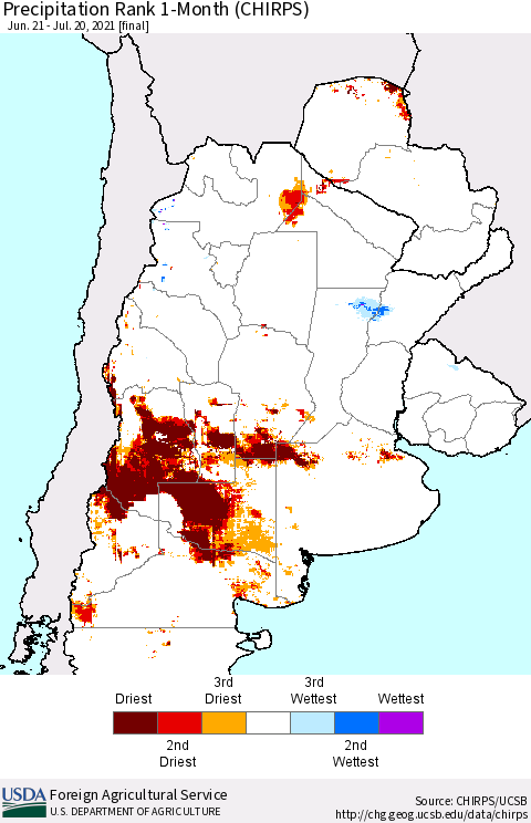 Southern South America Precipitation Rank 1-Month (CHIRPS) Thematic Map For 6/21/2021 - 7/20/2021