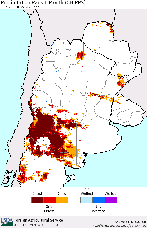 Southern South America Precipitation Rank 1-Month (CHIRPS) Thematic Map For 6/26/2021 - 7/25/2021