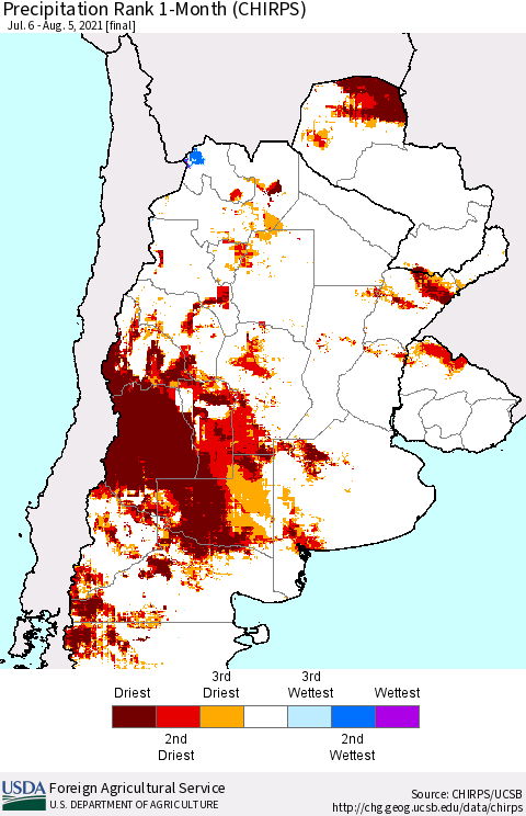 Southern South America Precipitation Rank 1-Month (CHIRPS) Thematic Map For 7/6/2021 - 8/5/2021