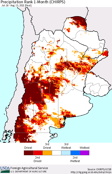 Southern South America Precipitation Rank 1-Month (CHIRPS) Thematic Map For 7/16/2021 - 8/15/2021