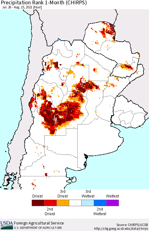 Southern South America Precipitation Rank 1-Month (CHIRPS) Thematic Map For 7/26/2021 - 8/25/2021