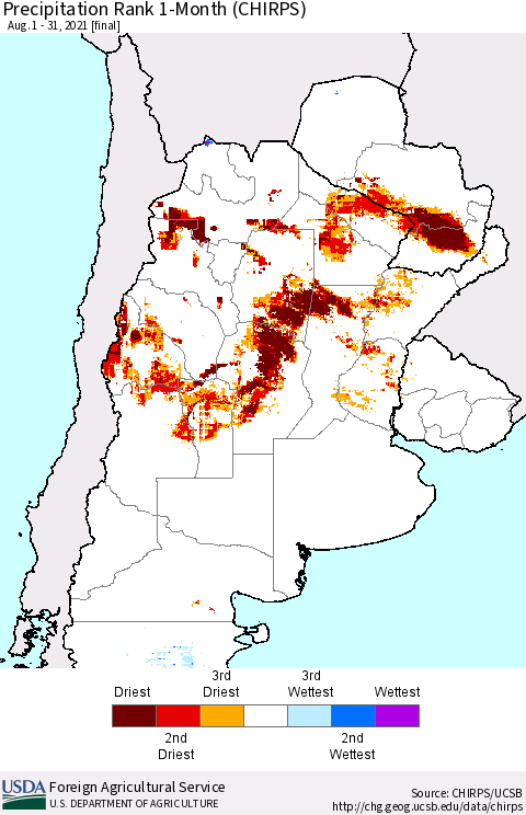 Southern South America Precipitation Rank 1-Month (CHIRPS) Thematic Map For 8/1/2021 - 8/31/2021