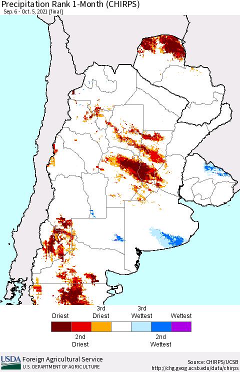 Southern South America Precipitation Rank since 1981, 1-Month (CHIRPS) Thematic Map For 9/6/2021 - 10/5/2021