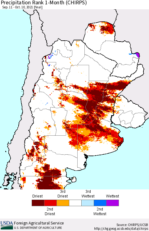 Southern South America Precipitation Rank since 1981, 1-Month (CHIRPS) Thematic Map For 9/11/2021 - 10/10/2021