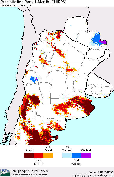 Southern South America Precipitation Rank since 1981, 1-Month (CHIRPS) Thematic Map For 9/16/2021 - 10/15/2021