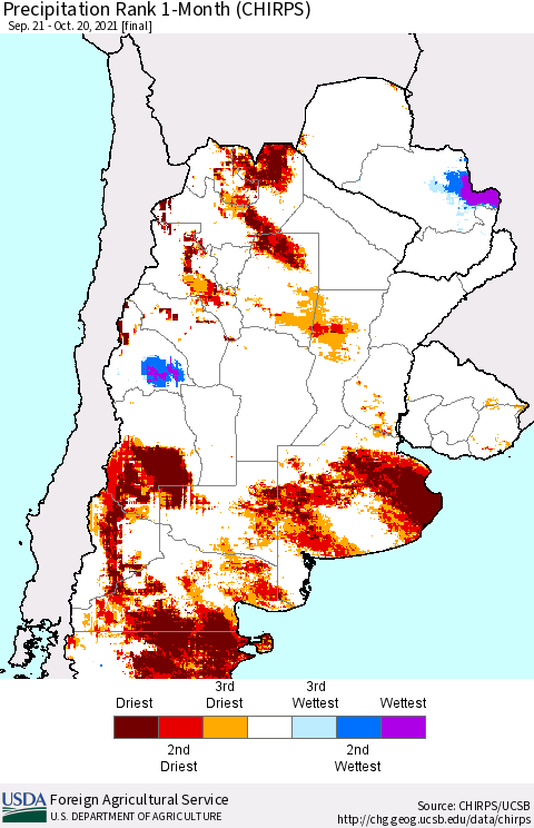 Southern South America Precipitation Rank 1-Month (CHIRPS) Thematic Map For 9/21/2021 - 10/20/2021
