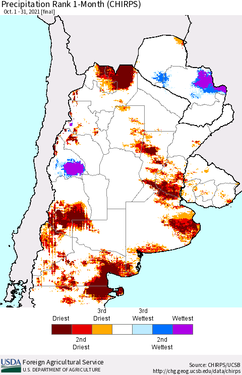 Southern South America Precipitation Rank 1-Month (CHIRPS) Thematic Map For 10/1/2021 - 10/31/2021