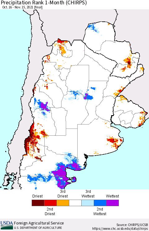 Southern South America Precipitation Rank since 1981, 1-Month (CHIRPS) Thematic Map For 10/16/2021 - 11/15/2021