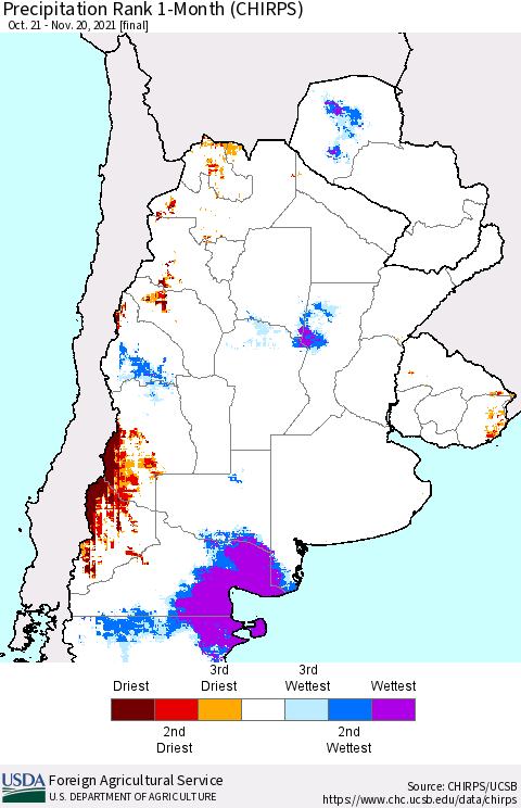 Southern South America Precipitation Rank 1-Month (CHIRPS) Thematic Map For 10/21/2021 - 11/20/2021