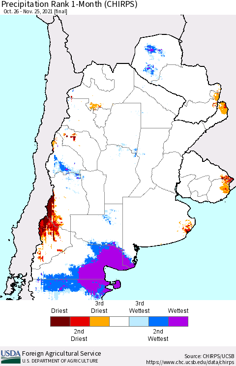 Southern South America Precipitation Rank 1-Month (CHIRPS) Thematic Map For 10/26/2021 - 11/25/2021