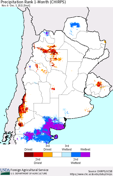 Southern South America Precipitation Rank since 1981, 1-Month (CHIRPS) Thematic Map For 11/6/2021 - 12/5/2021