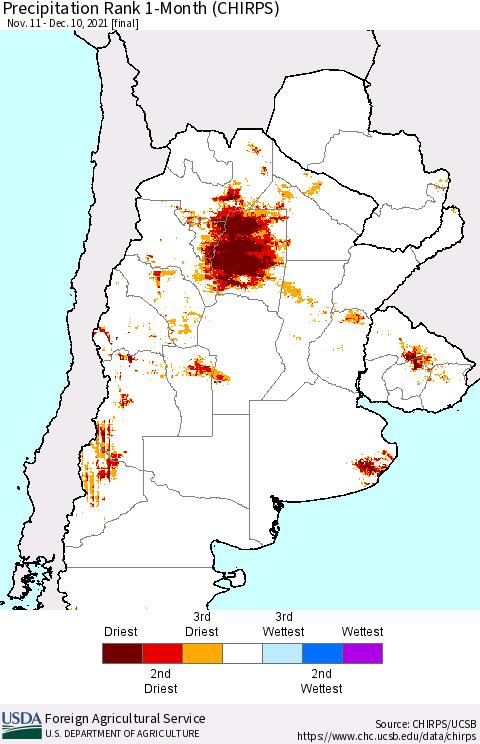 Southern South America Precipitation Rank since 1981, 1-Month (CHIRPS) Thematic Map For 11/11/2021 - 12/10/2021