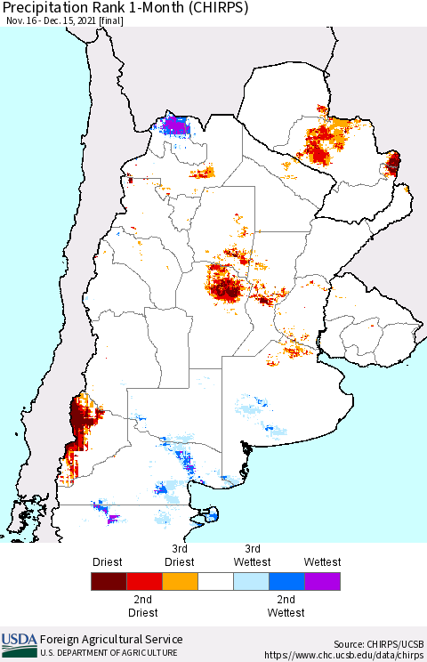 Southern South America Precipitation Rank since 1981, 1-Month (CHIRPS) Thematic Map For 11/16/2021 - 12/15/2021