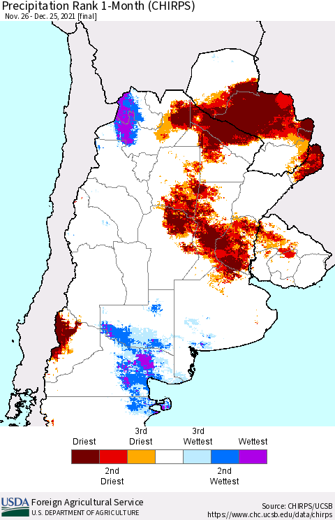 Southern South America Precipitation Rank since 1981, 1-Month (CHIRPS) Thematic Map For 11/26/2021 - 12/25/2021