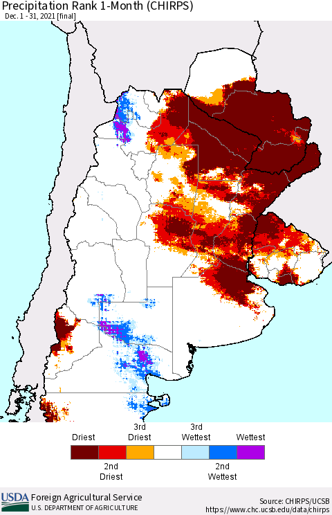 Southern South America Precipitation Rank 1-Month (CHIRPS) Thematic Map For 12/1/2021 - 12/31/2021