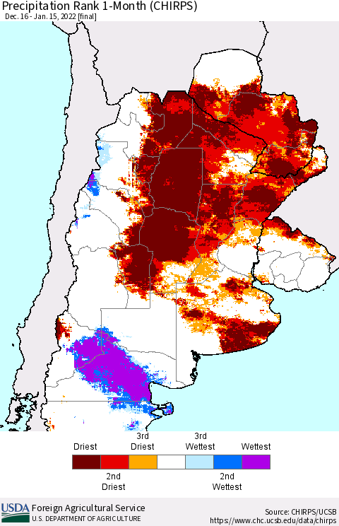 Southern South America Precipitation Rank 1-Month (CHIRPS) Thematic Map For 12/16/2021 - 1/15/2022