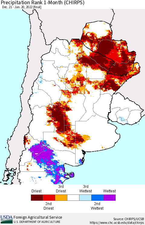 Southern South America Precipitation Rank since 1981, 1-Month (CHIRPS) Thematic Map For 12/21/2021 - 1/20/2022