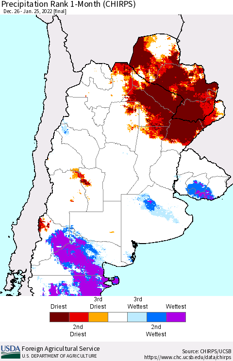 Southern South America Precipitation Rank since 1981, 1-Month (CHIRPS) Thematic Map For 12/26/2021 - 1/25/2022