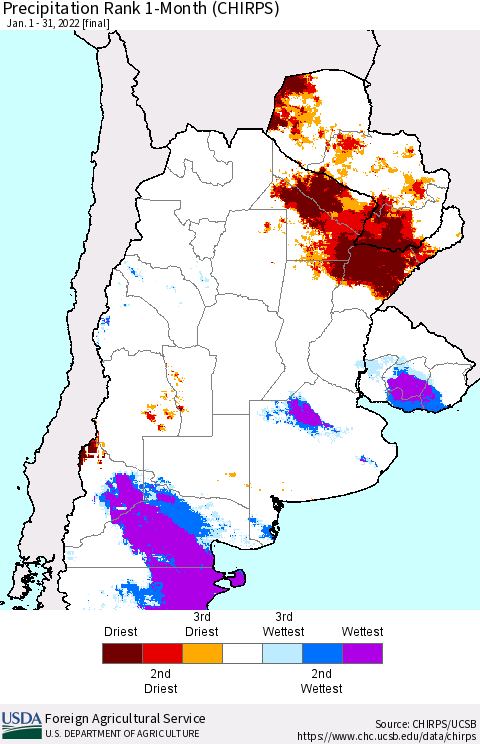 Southern South America Precipitation Rank 1-Month (CHIRPS) Thematic Map For 1/1/2022 - 1/31/2022