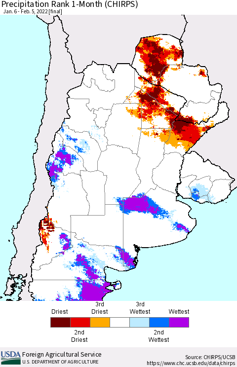 Southern South America Precipitation Rank 1-Month (CHIRPS) Thematic Map For 1/6/2022 - 2/5/2022