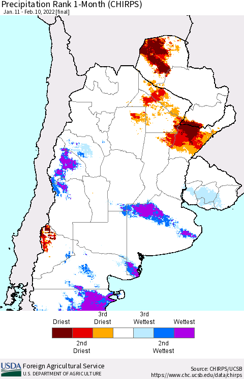 Southern South America Precipitation Rank 1-Month (CHIRPS) Thematic Map For 1/11/2022 - 2/10/2022