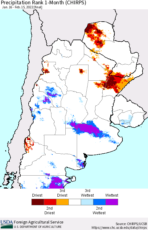 Southern South America Precipitation Rank 1-Month (CHIRPS) Thematic Map For 1/16/2022 - 2/15/2022