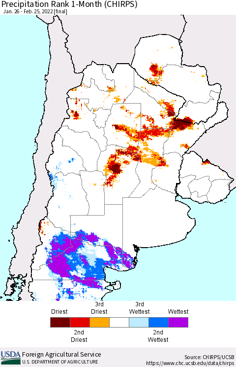 Southern South America Precipitation Rank 1-Month (CHIRPS) Thematic Map For 1/26/2022 - 2/25/2022