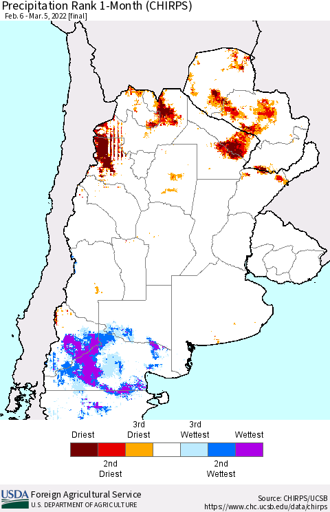 Southern South America Precipitation Rank 1-Month (CHIRPS) Thematic Map For 2/6/2022 - 3/5/2022