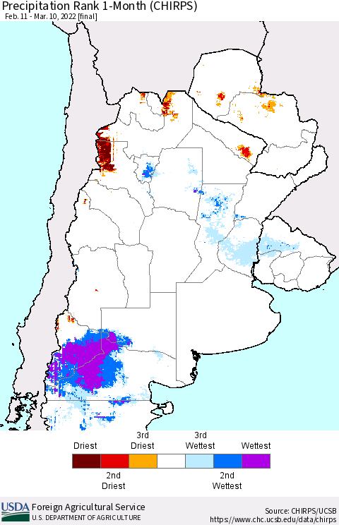 Southern South America Precipitation Rank 1-Month (CHIRPS) Thematic Map For 2/11/2022 - 3/10/2022