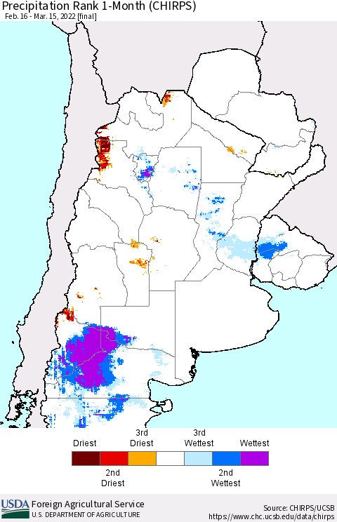 Southern South America Precipitation Rank since 1981, 1-Month (CHIRPS) Thematic Map For 2/16/2022 - 3/15/2022