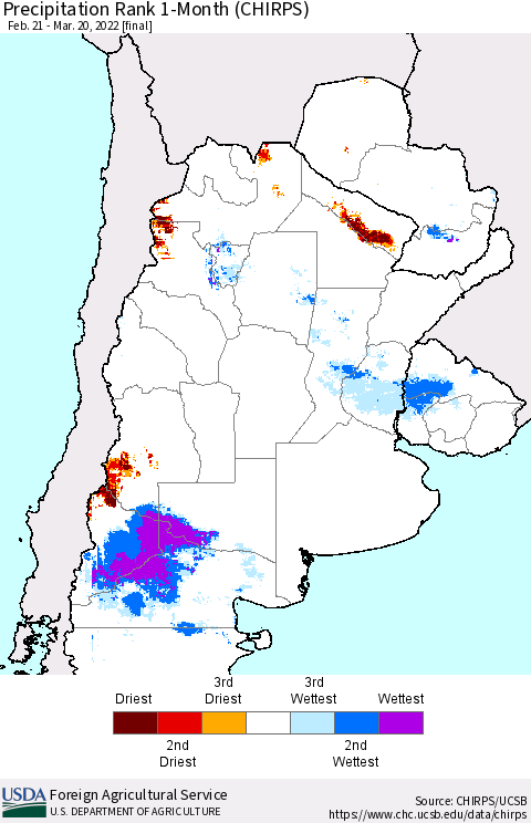 Southern South America Precipitation Rank since 1981, 1-Month (CHIRPS) Thematic Map For 2/21/2022 - 3/20/2022