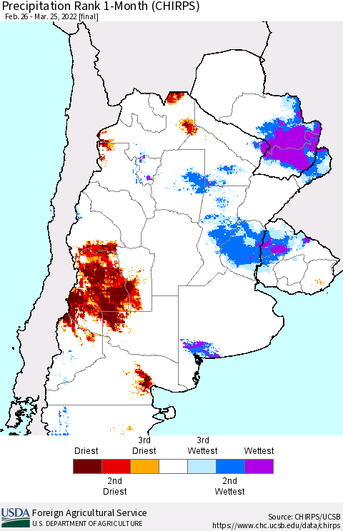 Southern South America Precipitation Rank 1-Month (CHIRPS) Thematic Map For 2/26/2022 - 3/25/2022
