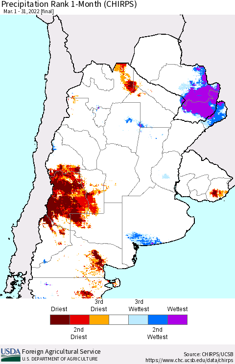 Southern South America Precipitation Rank 1-Month (CHIRPS) Thematic Map For 3/1/2022 - 3/31/2022
