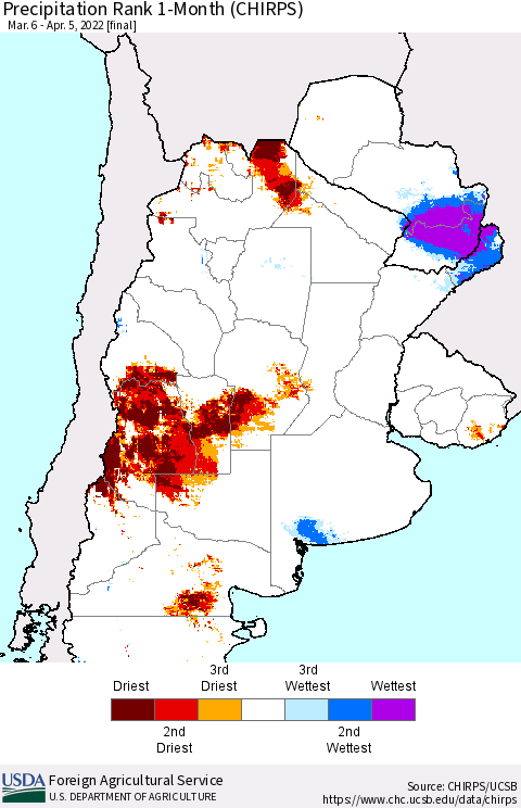 Southern South America Precipitation Rank 1-Month (CHIRPS) Thematic Map For 3/6/2022 - 4/5/2022