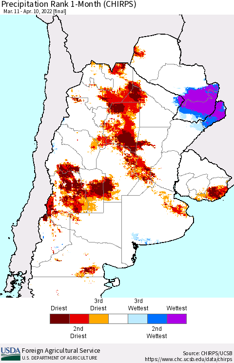 Southern South America Precipitation Rank 1-Month (CHIRPS) Thematic Map For 3/11/2022 - 4/10/2022