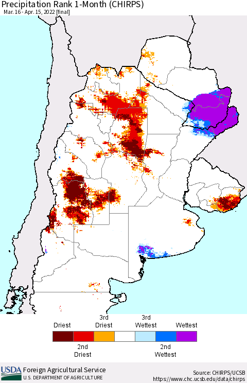 Southern South America Precipitation Rank 1-Month (CHIRPS) Thematic Map For 3/16/2022 - 4/15/2022