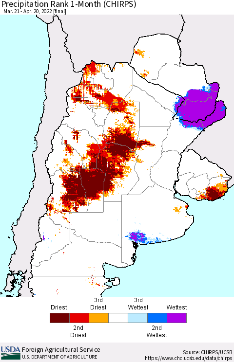 Southern South America Precipitation Rank 1-Month (CHIRPS) Thematic Map For 3/21/2022 - 4/20/2022
