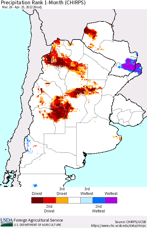 Southern South America Precipitation Rank 1-Month (CHIRPS) Thematic Map For 3/26/2022 - 4/25/2022