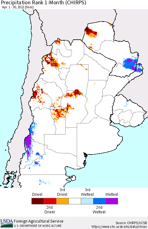 Southern South America Precipitation Rank since 1981, 1-Month (CHIRPS) Thematic Map For 4/1/2022 - 4/30/2022