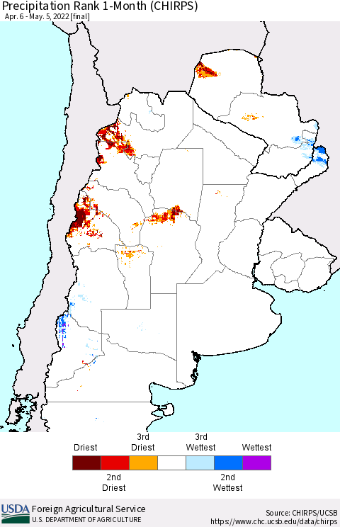 Southern South America Precipitation Rank 1-Month (CHIRPS) Thematic Map For 4/6/2022 - 5/5/2022