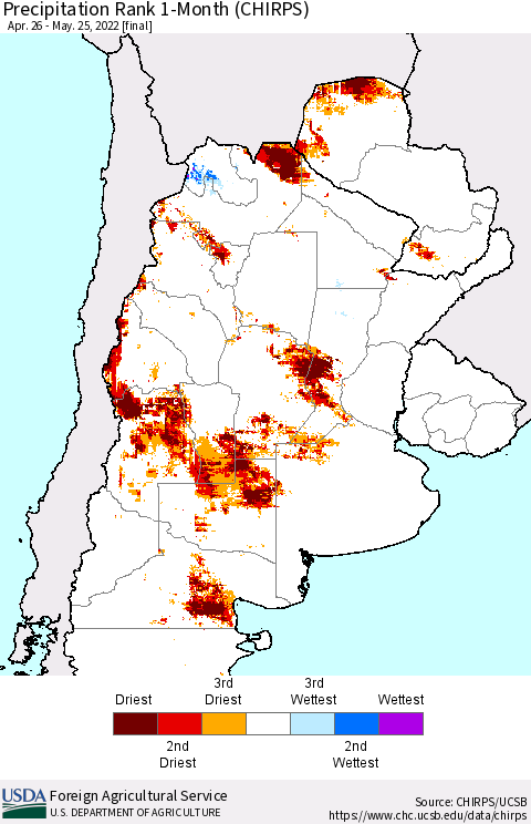 Southern South America Precipitation Rank since 1981, 1-Month (CHIRPS) Thematic Map For 4/26/2022 - 5/25/2022