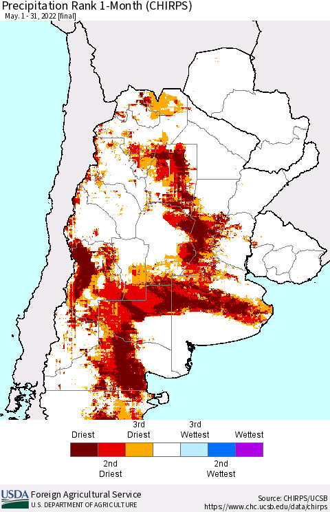 Southern South America Precipitation Rank 1-Month (CHIRPS) Thematic Map For 5/1/2022 - 5/31/2022